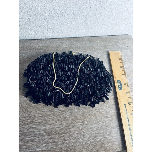 Vtg Black Beaded Sequin Evening Bag Purse Hong Kong Kiss Lock On Trend Classic - Picture 16 of 16